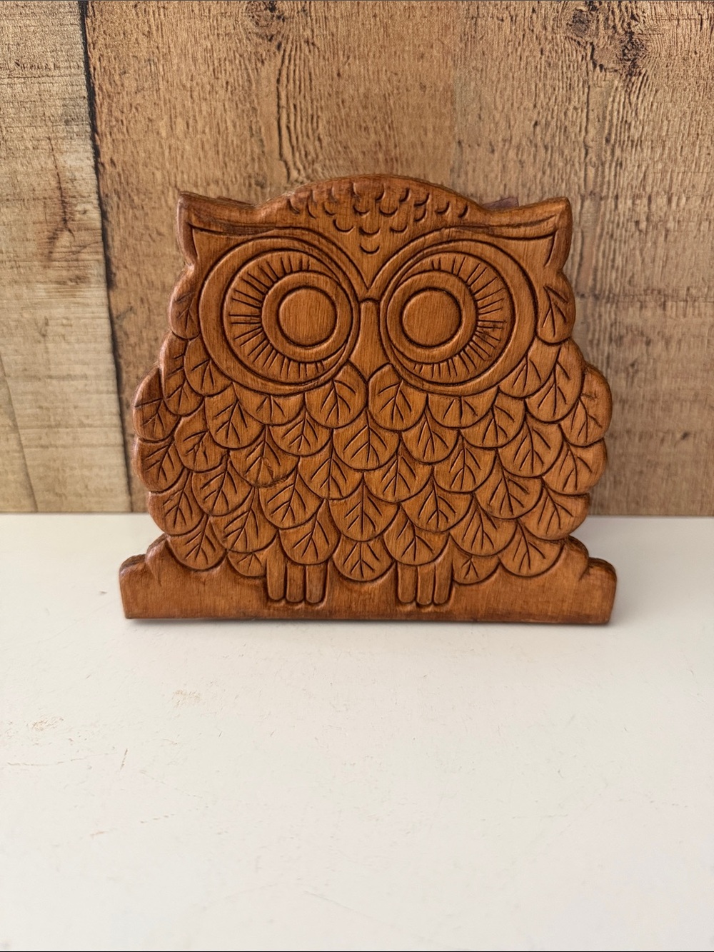 MCM Style Handmade Carved Wooden Owl Napkin/Mail Holder